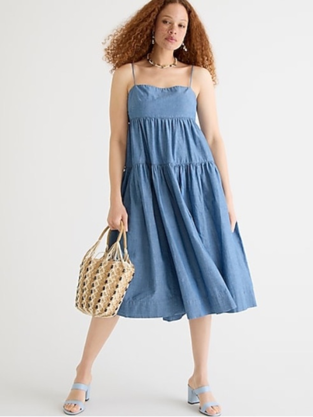 J. Crew Chambray Tie- Back Tiered Midi Dress